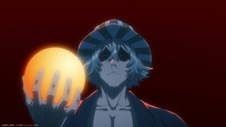 Bleach Thousand Year Blood War supporting character Kisuke Urahara holding an spiritual energy orb in episode 6 part 3 of the anime