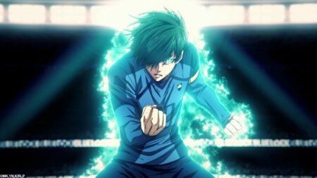 Blue Lock season 2 main character Rin Itoshi seen after scoring a goal versus the U20 team in episode 8