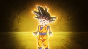 Dragon Ball Daima main character Goku glowing with energy in episode 5 of the anime