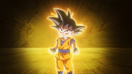 Dragon Ball Daima main character Goku glowing with energy in episode 5 of the anime