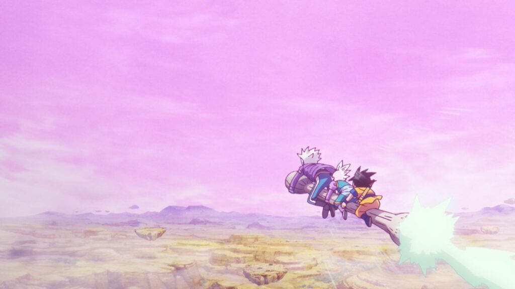 Dragon Ball characters Daima, Goku, Glorio and Supreme Kai Shin taking the Sky Seed rocket in episode 4 of the anime