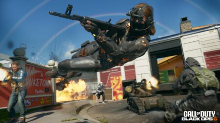 Operator Park diving sideways while shooting enemies on Nuketown map in Black Ops 6