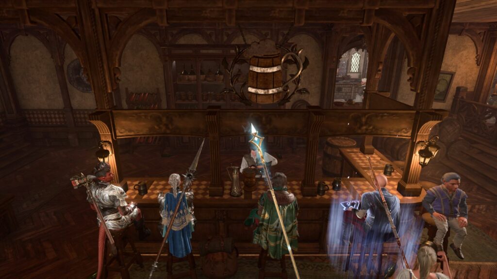 Diferentes personajes en un bar en Baldur's Gate 3