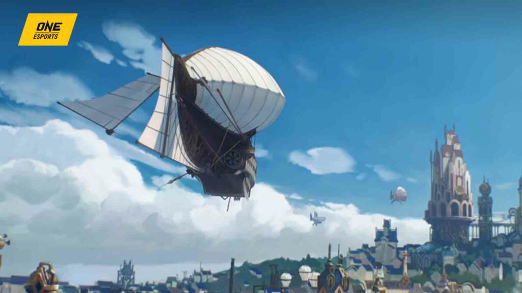 Airship in Arcane S1 E1 flying over the town of Piltover