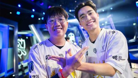 BERLIN - SEPTEMBER 27: Kiaya (L) and Levi of GAM Esports are seen on stage after victory against Rainbow7 at the League of Legends World Championship 2024 Play-Ins Stage on September 27, 2024 in Berlin, Germany. (Photo by Colin Young-Wolff/Riot Games)