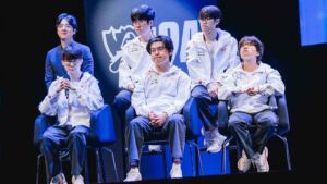 T1 sitting on stage answering questions at Worlds 2024 Media Day