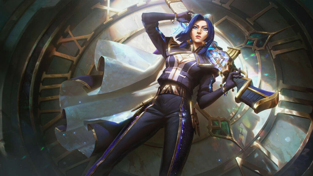 Splash art of the Prestige Commander Caitlyn skin in League of Legends