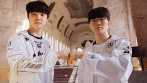 Chovy (L) of Gen.G and Faker of T1 at the League of Legends World Championship 2024 Semi Finals Features Day on October 25, 2024 in Paris.