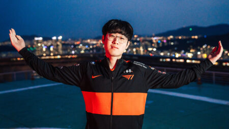 Choi “Zeus” Woo-je of T1 poses at the League of Legends - Mid-Season Invitational Features Day on May 8, 2022 in Busan, South Korea.