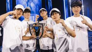 T1 Zeus, Oner, Faker, Gumayusi, and Kri at Worlds 2024