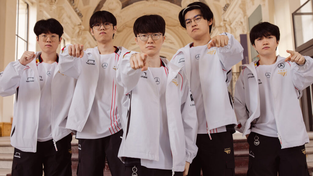 T1 Zeus, Oner, Faker, Gumayusi and Kri at the 2024 Worlds