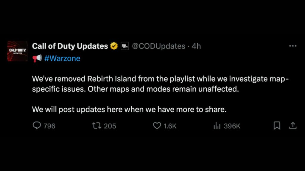 Activision announces the removal of Rebirth Island via the Call of Duty Updates page on X