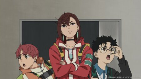 Dandadan main characters Momo Ayase, Ken "Okarun" Takakura, and Jin "Jiji" Enjoji seen in episode 12 season 1