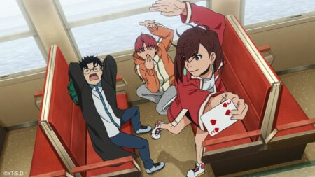 Dandadan main characters Momo Ayase, Ken "Okarun" Takakura, and Jin "Jiji" Enjoji taking a train ride in episode 12 season 1