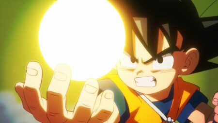 Dragon Ball Daima main character Goku focusing his energy into a ball