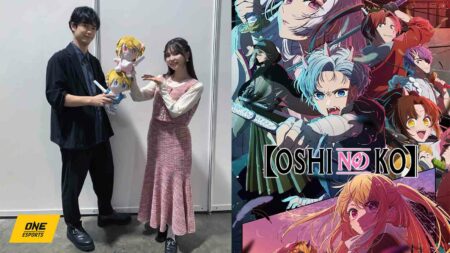 Oshi no Ko season 2 key visual and voice actors Takeo Otsuka (Aqua) and Yurie Igoma (Ruby) backstage at AFA SG 2024