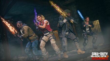 Black Ops 6 Zombies characters Weaver, Maya, Carver, and Grey wielding the elemental Wonder Weapon Swords