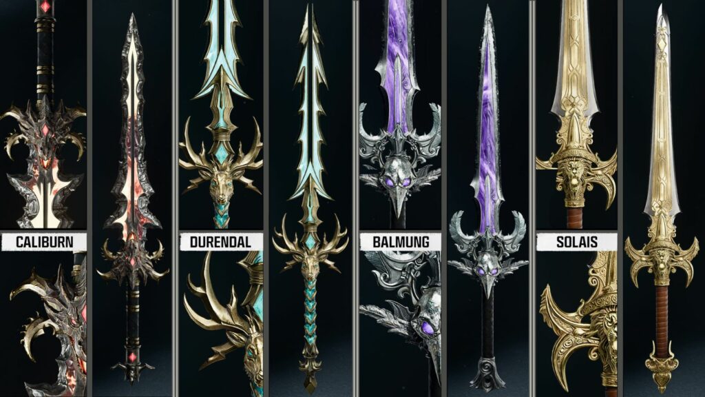 The four elemental wonder weapon swords in Black Ops 6 Zombies: Caliburn (Fire), Durendal (Lightning), Balmung (Darkness) and Solais (Light)