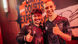 Sergen "Broken Blade" Celik (L) and Rasmus "Caps" Winther of G2 Esports pose backstage at the League of Legends - Mid-Season Invitational Bracket Stage on May 13 2023 in London, England.