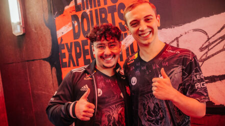 Sergen "Broken Blade" Celik (L) and Rasmus "Caps" Winther of G2 Esports pose backstage at the League of Legends - Mid-Season Invitational Bracket Stage on May 13 2023 in London, England.