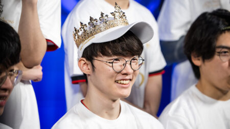 Faker of T1 is seen backstage after victory at the League of Legends World Championship 2024 Finals on Novemeber 02, 2024 in London.