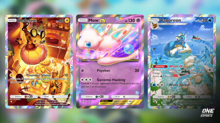 Mythical Island pack cards featuring Dedenne, Mew EX, and Vaporeon in Pokemon TCG Pocket