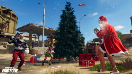 Operators with Christmas costumes throw snowballs at each other on Area 99 map in a Holiday Rush match in Warzone