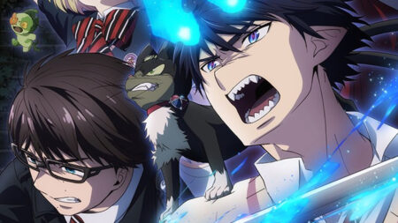 Blue Exorcist season 3 Shimane Illuminati Saga key visual featuring Rin and Yukio Okumura with Kuro the cat