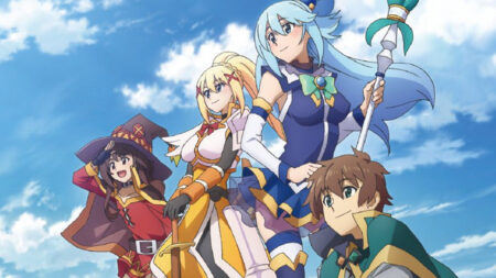 KonoSuba characters Megumin, Kazuma, Darkness, and Aqua