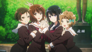 Sound Euphonium characters featuring Kumiko Oumae, Reina Kousaka, Asuka Tanaka, and Sapphire Kawashima