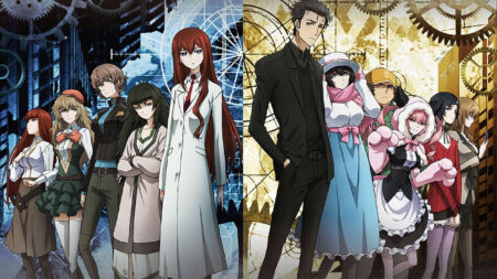 Steins Gate 0 key visual featuring Makise Kurisu, Rintaro Okabe, Mayuri Shiina, and more