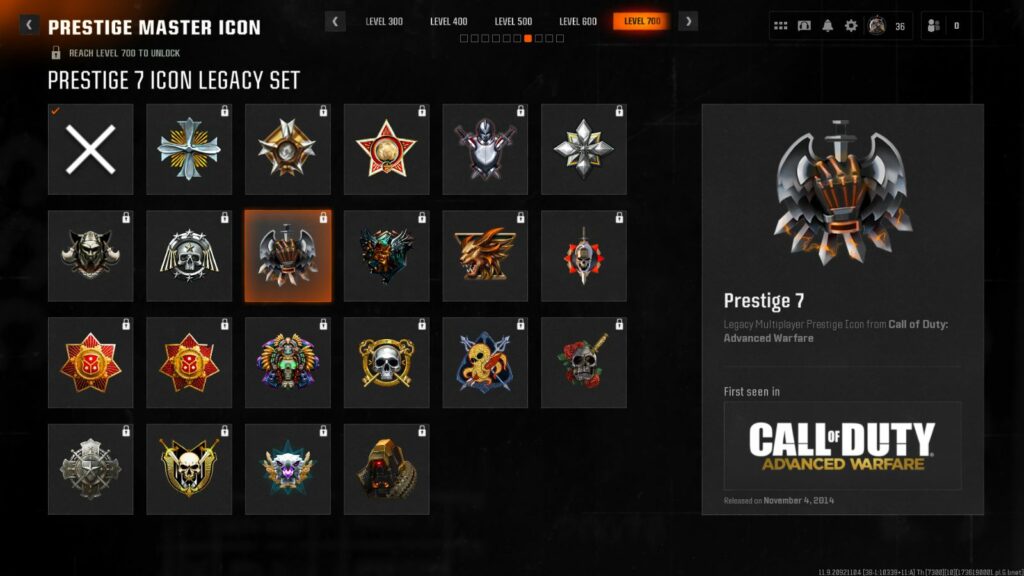 Level 700 Legacy Prestige icons in Black Ops 6