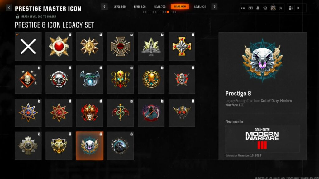 Level 800 Legacy Prestige icons in Black Ops 6