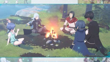 Characters from Isekai Sisekai sitting around a campfire