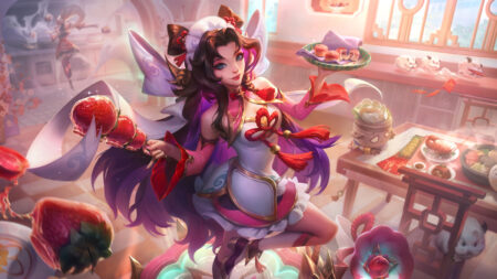 Dumpling Darling Seraphine stands in a busy kitchen holding candied strawberries in one hand and a plate of steamed dumplings in the other. In the background, Dumpling Darling Amumu desperately reaches for tabled food and Dumpling Darling Syndra cooks at the stove.