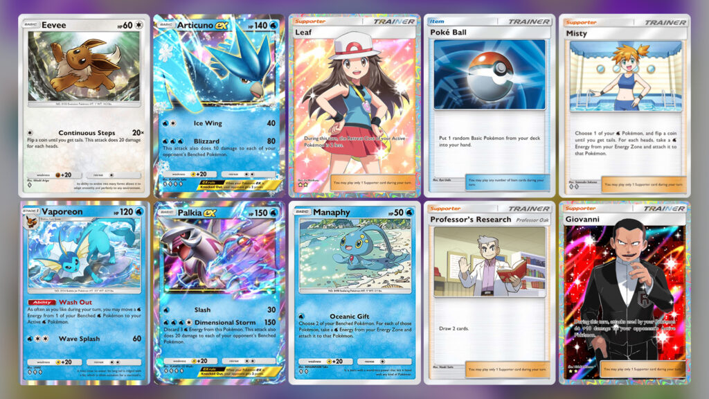 PALKIA EX AND ARTICUNO shown in one of space-time smackdown meta decks in pokemon tcg pocket