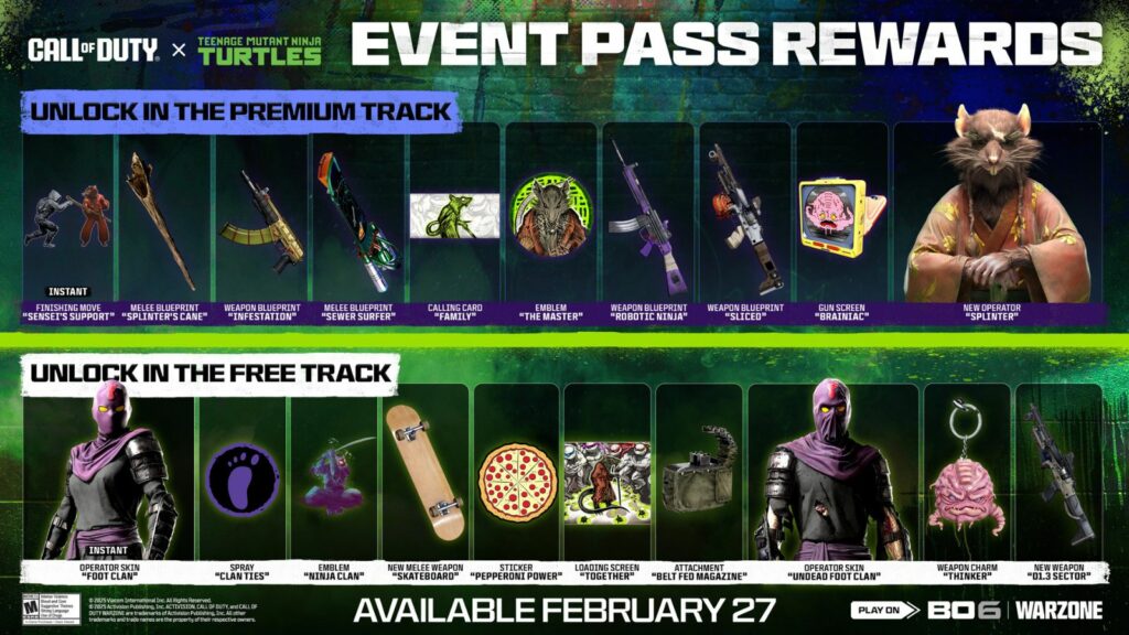 Black Ops 6 Call of Duty X Teenage Mutant Ninja Turtles Event Event Pase con el arma cuerpo a cuerpo del skate en la pista gratuita