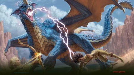 Blue scaly dragon shooting lightning in Dungeons and Dragons