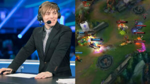 LS and screenshot of 100T and Cloud9 LCS Spring 2021 playoffs match