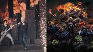 Side by side of Pentakill band and splash art of League of Legends
