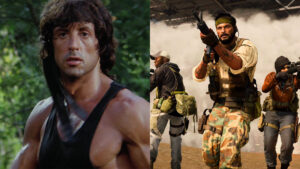 Side by side of Rambo from Rambo First Blood Part 2 and characters from Call of Duty: Warzone