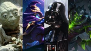 Mobile Legends: Bang Bang heroes Cyclops and Argus together with Star Wars characters Darth Vader and Yoda