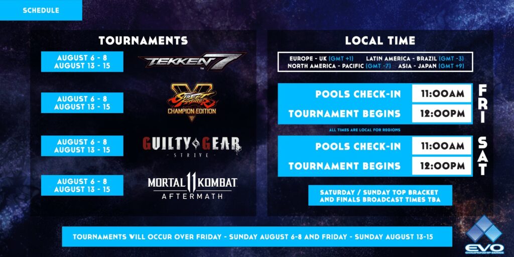 Times and dates of featured tournaments in Evo 2021 Online