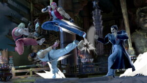 Kazuya fighting other fighting icons in Super Smash Bros. Ultimate