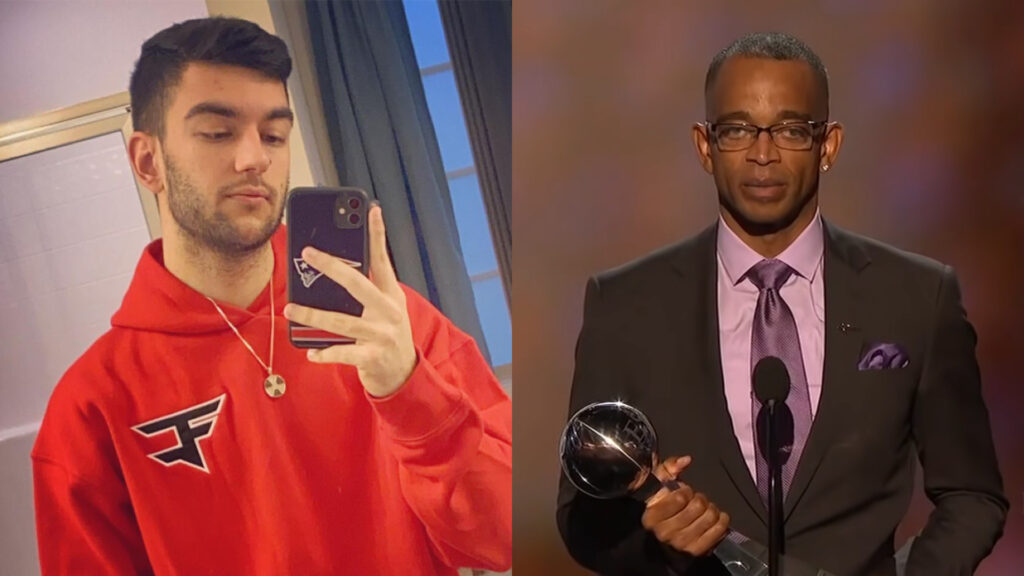 Booya next to Stuart Scott during his ESPYS acceptance speech
