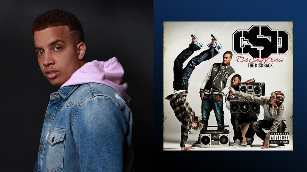Swagg next to Cali Swag District's album cover of The Kickback