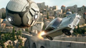James Bond's Aston Martin DB5 hitting the ball in Rocket League