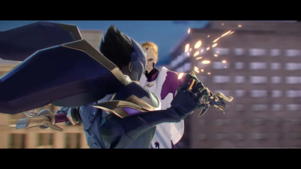 Screenshot of Kai'Sa and Jhin fighting in Worlds 2021 song Burn It All Down