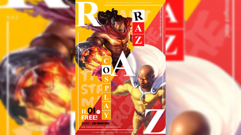 AoV hero Raz and his Saitama Cosplay skin.