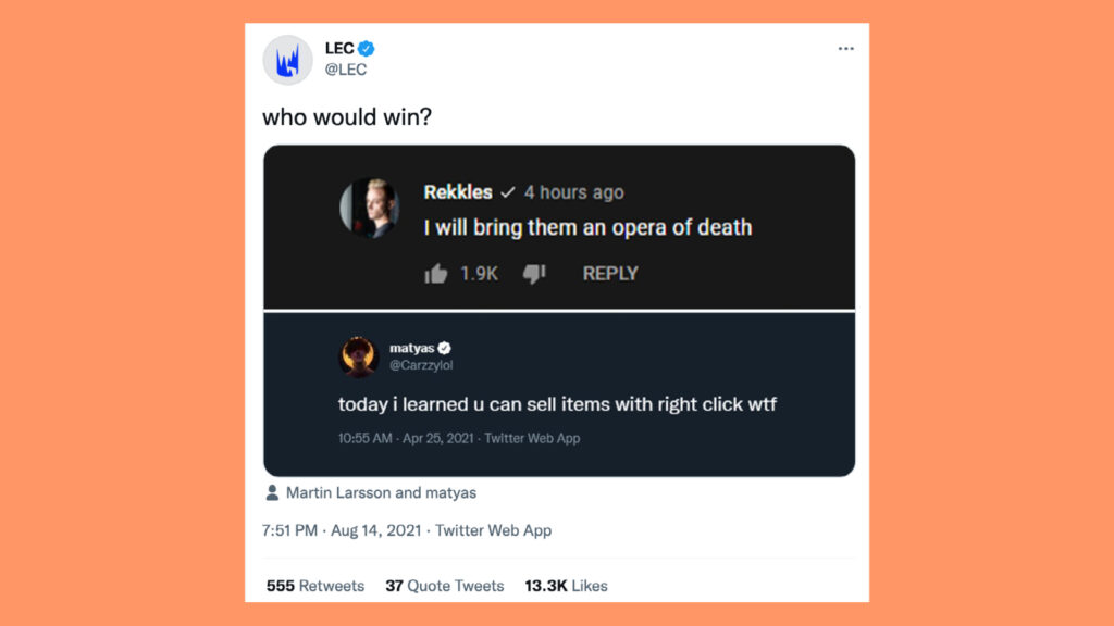 The LEC account tweets about Rekkles and Carzzy.